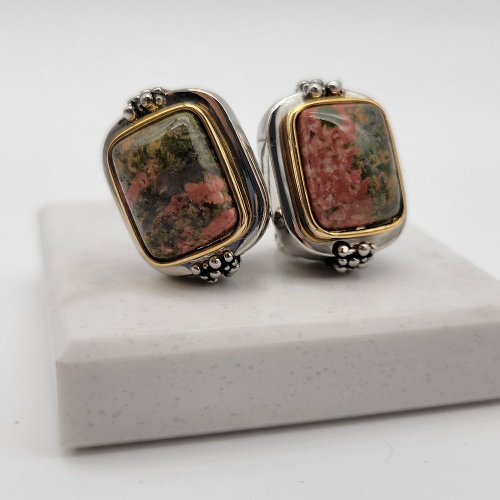 Unakite Gemstone Statement Earrings Two Tone Silver Gold Metal Heavy
